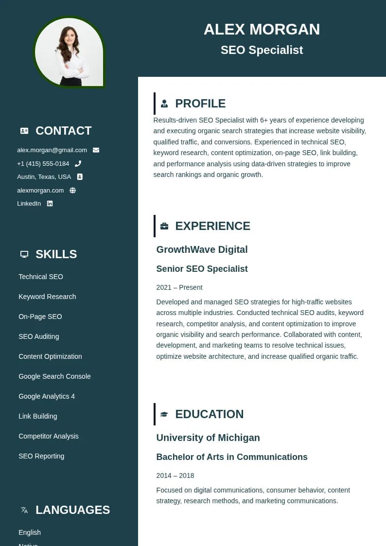 SEO Specialist Resume resume template preview