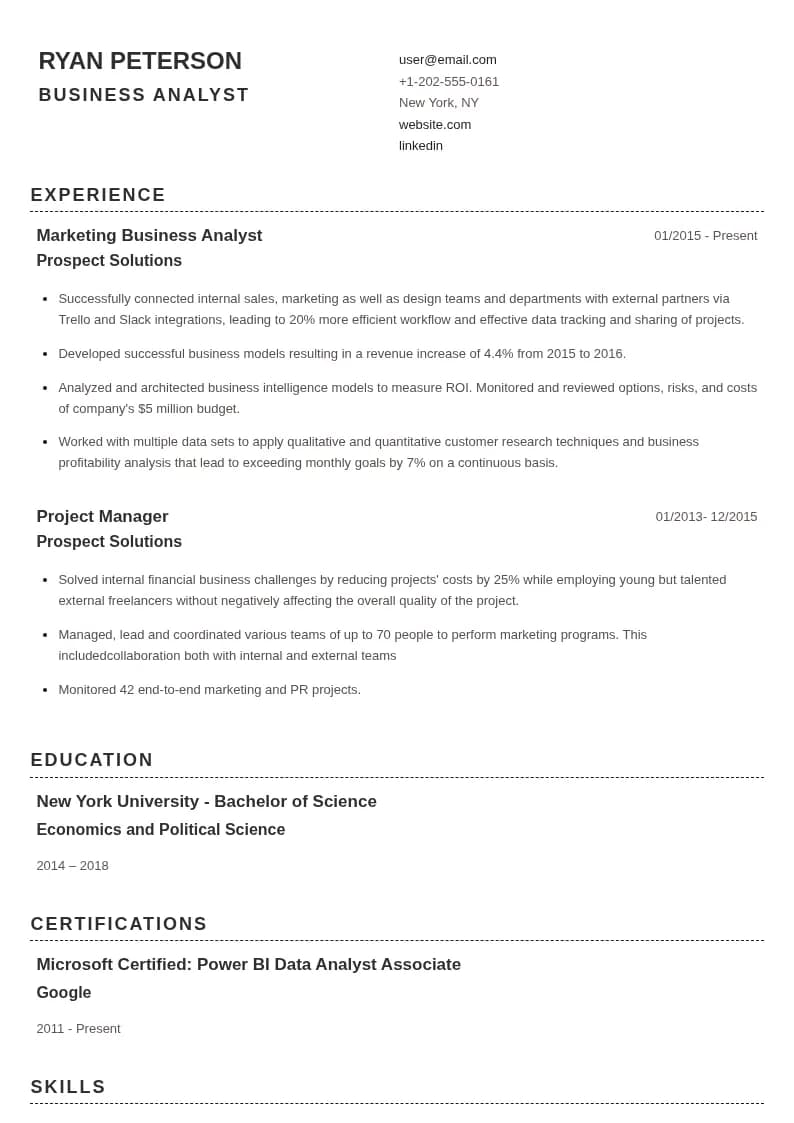 Business Analyst Resume resume template preview