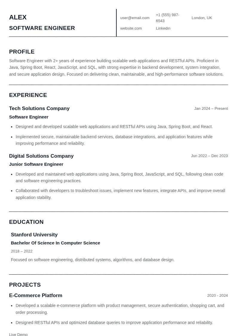 ATS Software Engineer Resume resume template preview