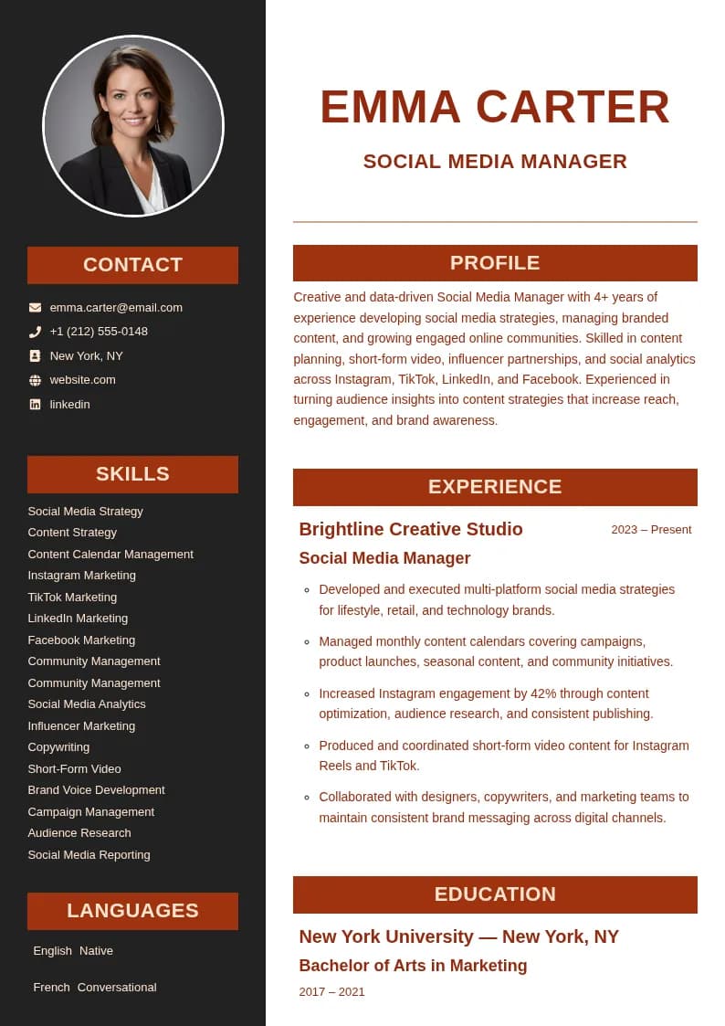 Social Media Manager Resume Template resume template preview